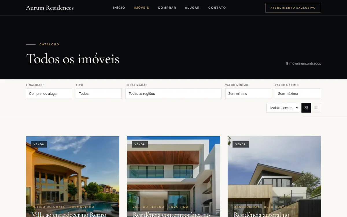 Catálogo de imóveis do Aurum com filtros de finalidade, tipo, localização e valor