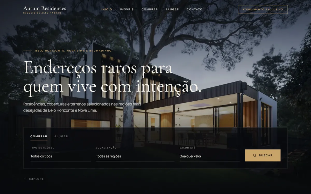 Página inicial do site demonstrativo Aurum Residences, imobiliária de alto padrão