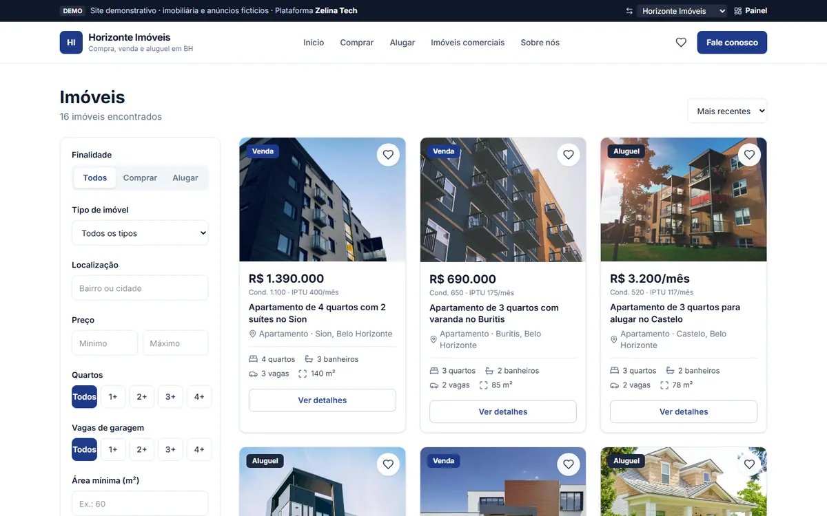 Busca de imóveis do Horizonte com filtros de finalidade, tipo, localização, preço, quartos e vagas