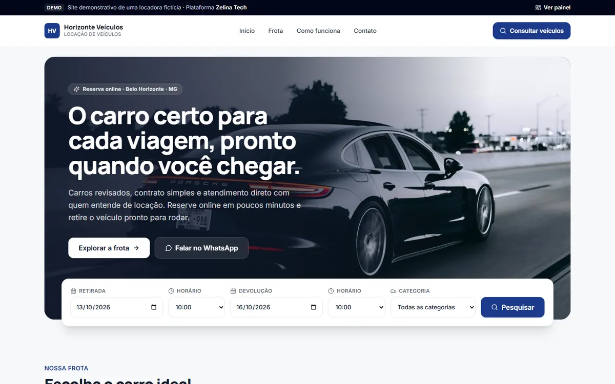 Página inicial do site demonstrativo de locadora de veículos, com busca por datas